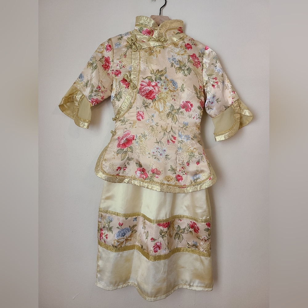 Traditional Handmade Chinese Top & Skirt Gold Satin Floral Formal Set